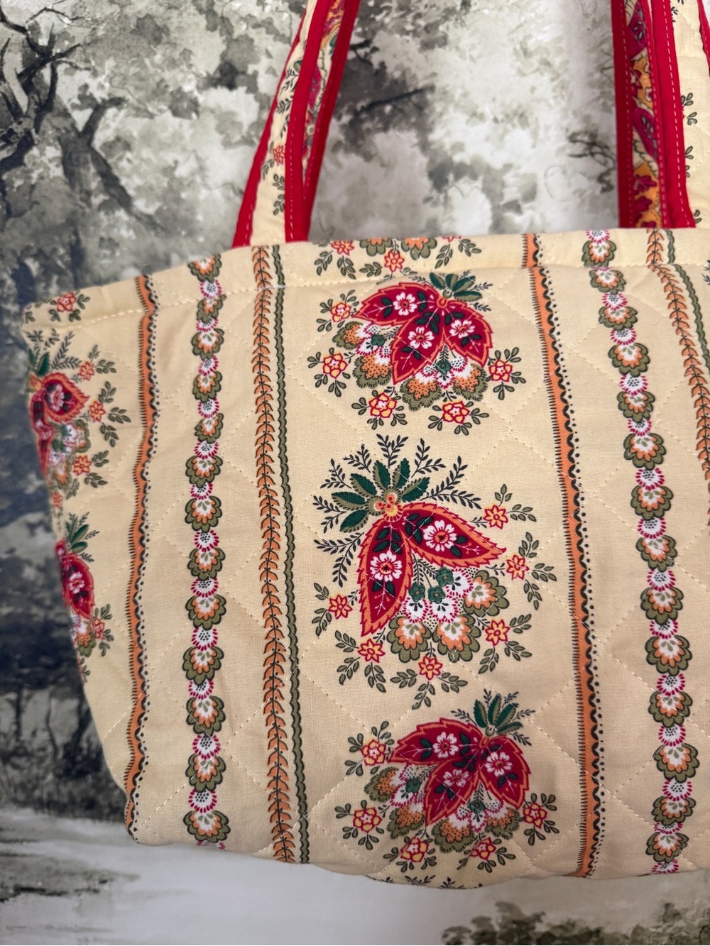 Beige Floral Tote Bag with Red Handles - Picture 2 of 5